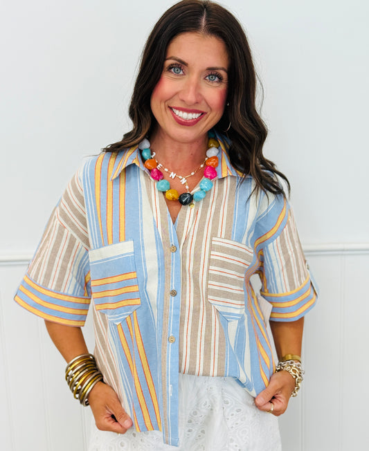 Blue Multi Stripe Button Down Shirt (Reg. and Plus)