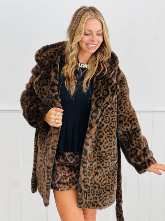 Dark Brown Leopard Faux Fur Hooded Coat (Reg & Plus)