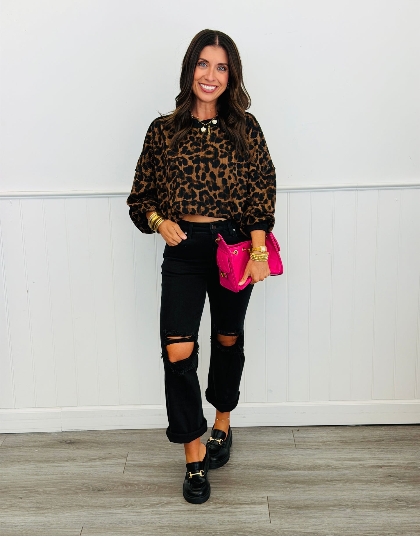 Brown Contrast Leopard Sweatshirt (Reg & Plus)
