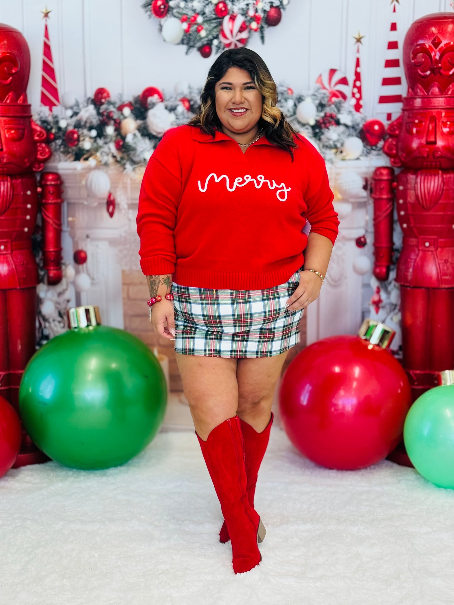 Red Merry Fold Over Collar Sweater (Reg. and Plus)