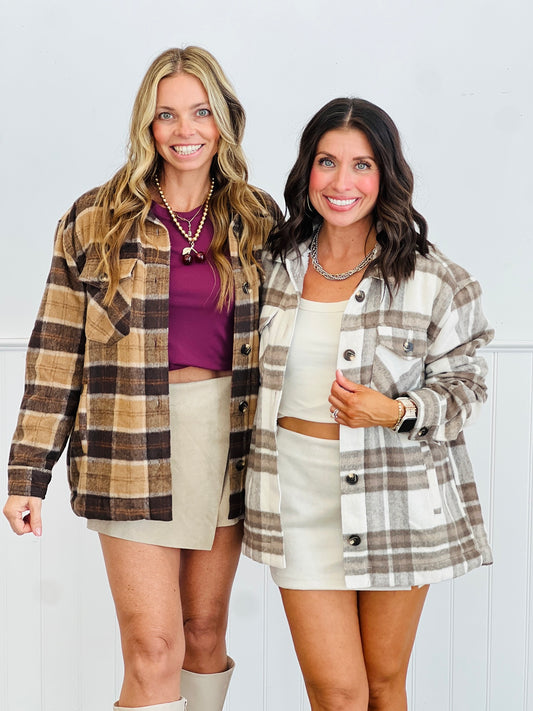 Brushed Plaid Faux Fur Lined Shacket (Reg.)-2 Colors