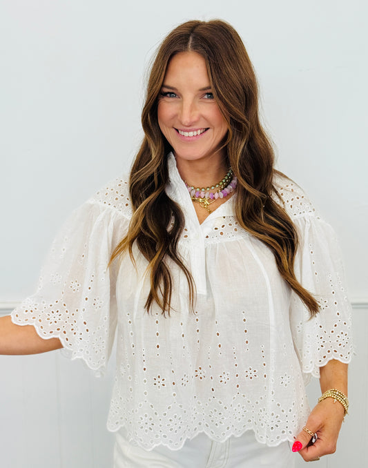 Off White Scalloped Eyelet Embroidered Top (Reg. and Plus)