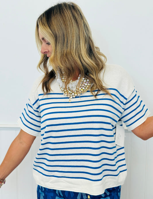 Blue Striped Short Sleeve Knit Top (Reg.)