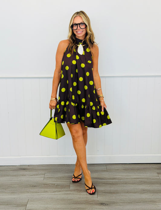 Brown Polka Dot Adjustable Tie Neck Sleeveless Mini Dress (Reg.)