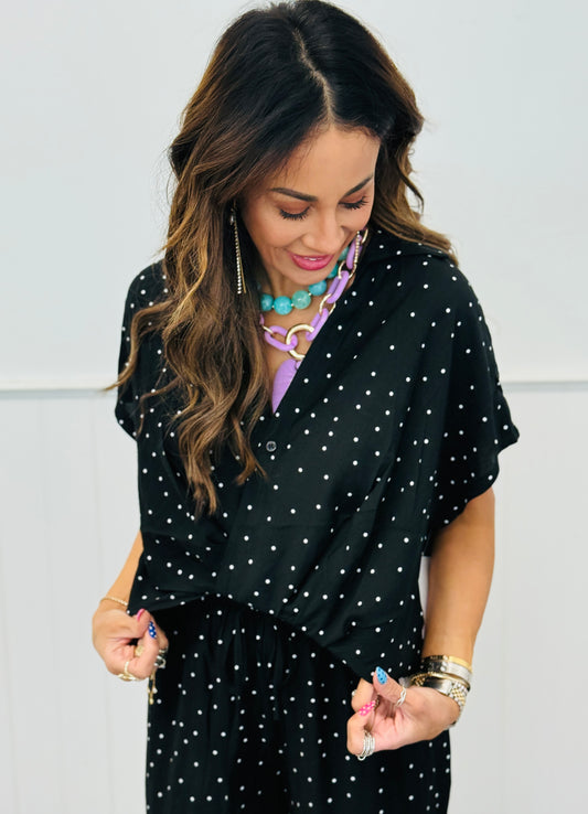 Black White Dot Wrap Blouse (Reg.)