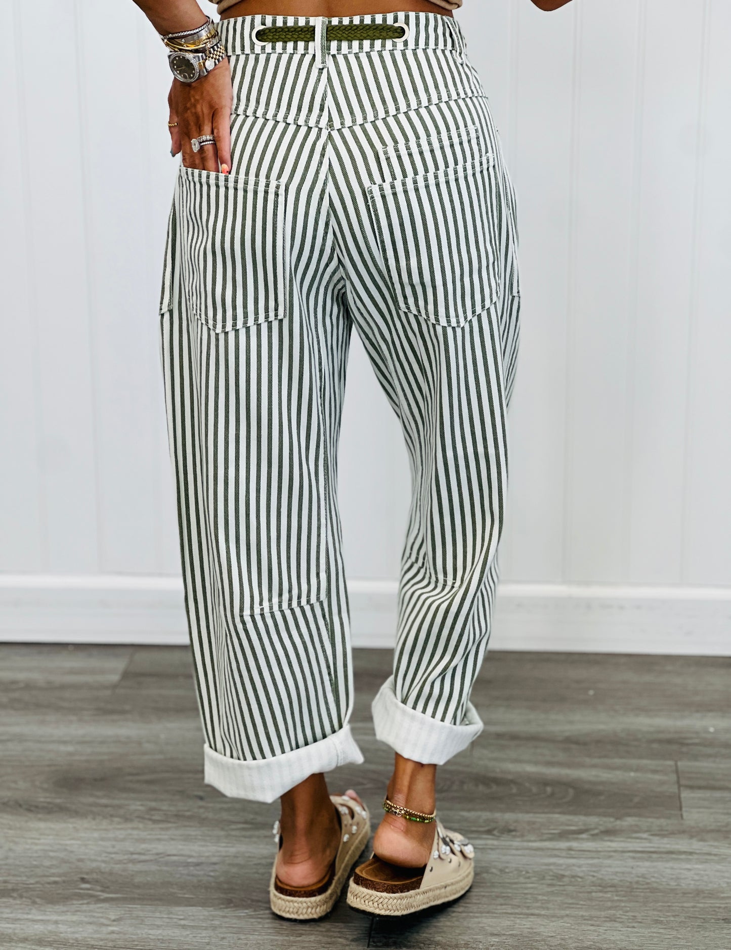 Striped Grommet Waist Denim Barrel Pants (Reg.)-2 Colors