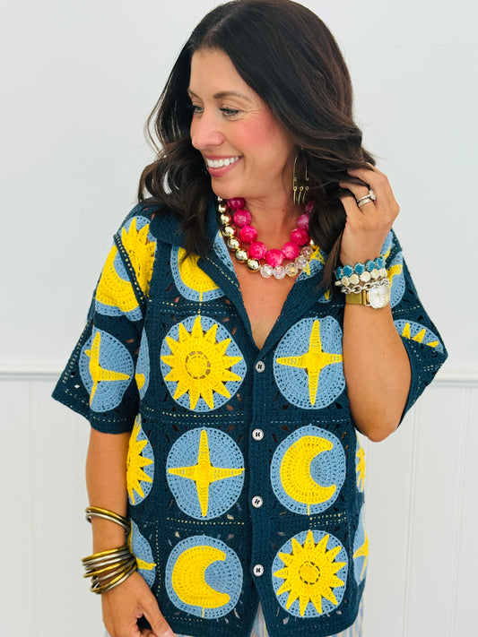 POL Navy Crochet Stars & Moon Cardigan (One Size)
