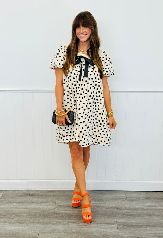 Polka Dot Ribbon Puff Sleeves Mini Dress (Reg.)