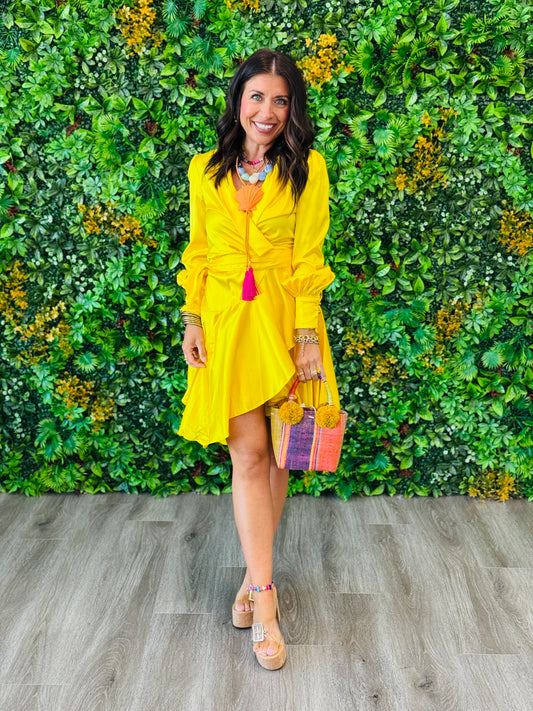 Bright Yellow Satin Side Wrap Mini Dress (Reg.)