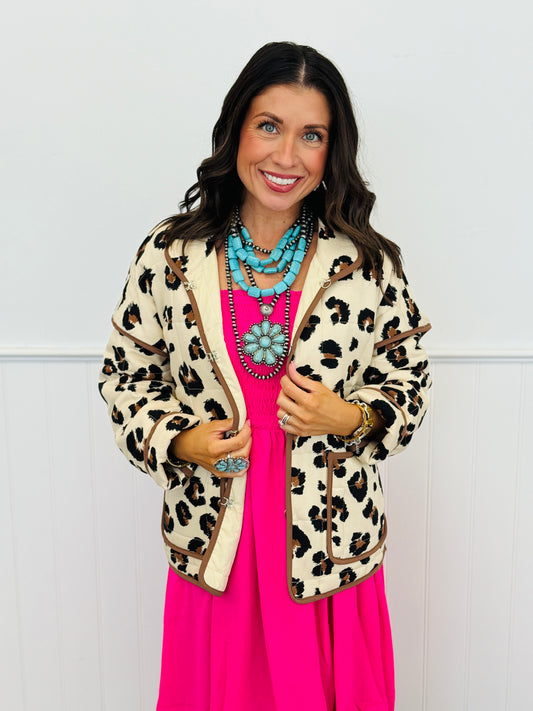 Leopard Print Contrast Binding Quilted Jacket (Reg.)