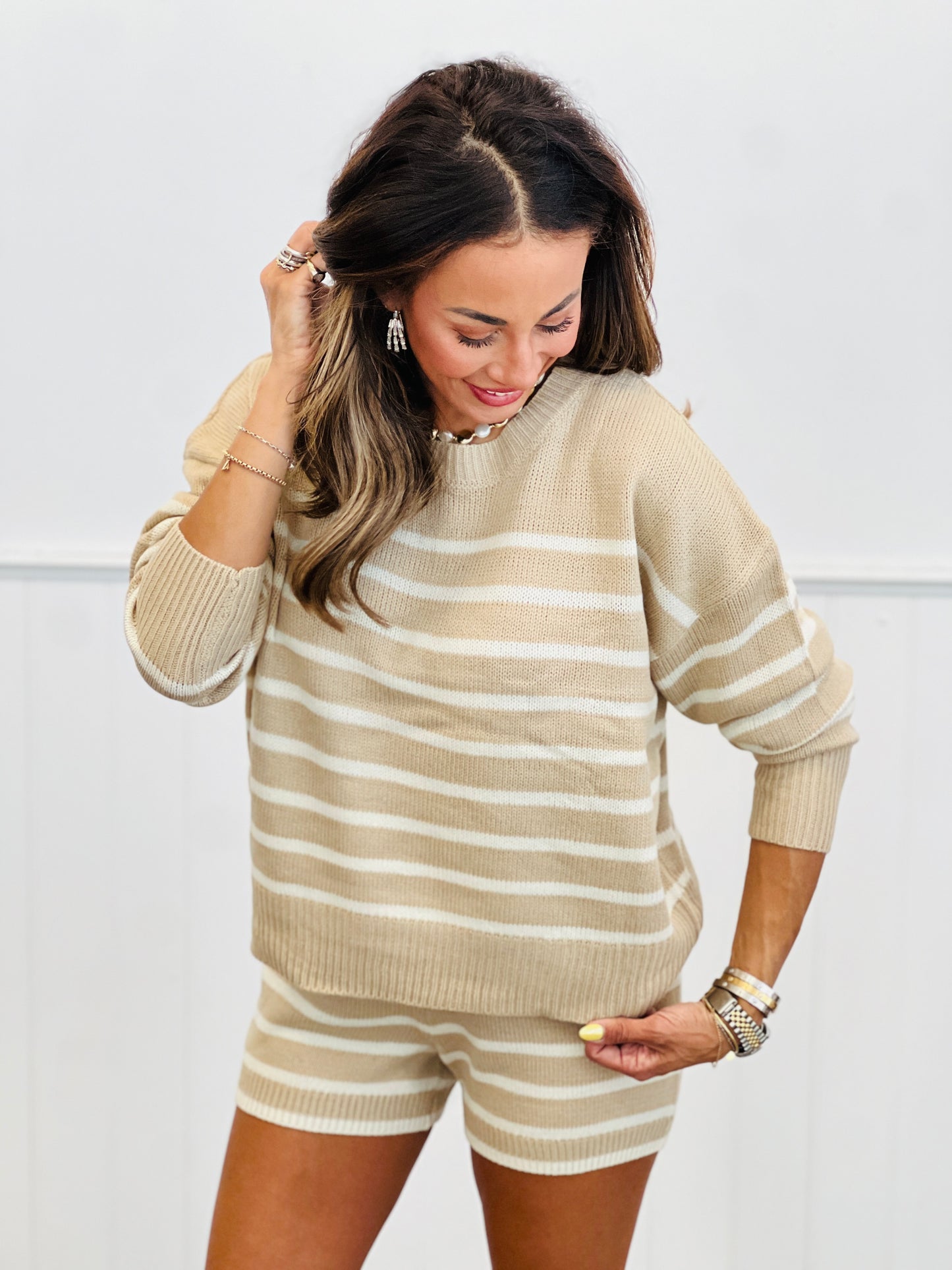 Taupe/Cream Stripe Shorts Set (Reg.)