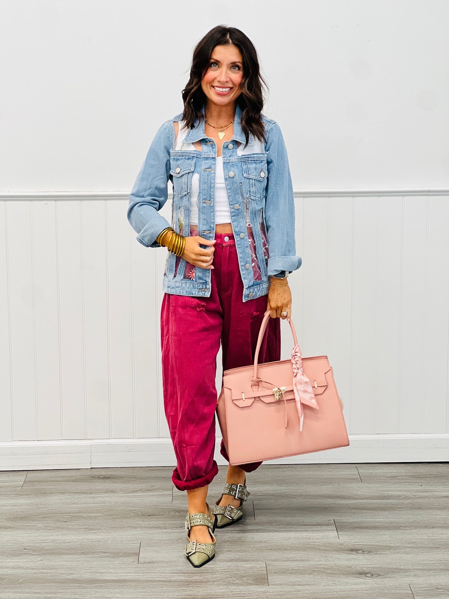Denim Floral Embroidery Mesh Jacket (Reg & Plus)