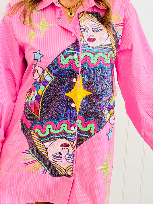 Queen Of Sparkles Pink Queen Card Button Up Dress (Reg. and Plus)