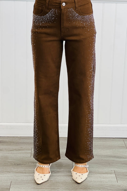Brown Rhinestone Embellished Straight Leg Pants (Reg.)
