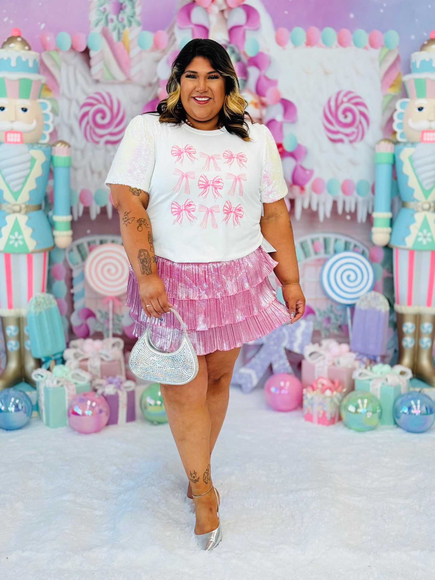 White Bows Sequin Sleeve Top (Reg. and Plus)