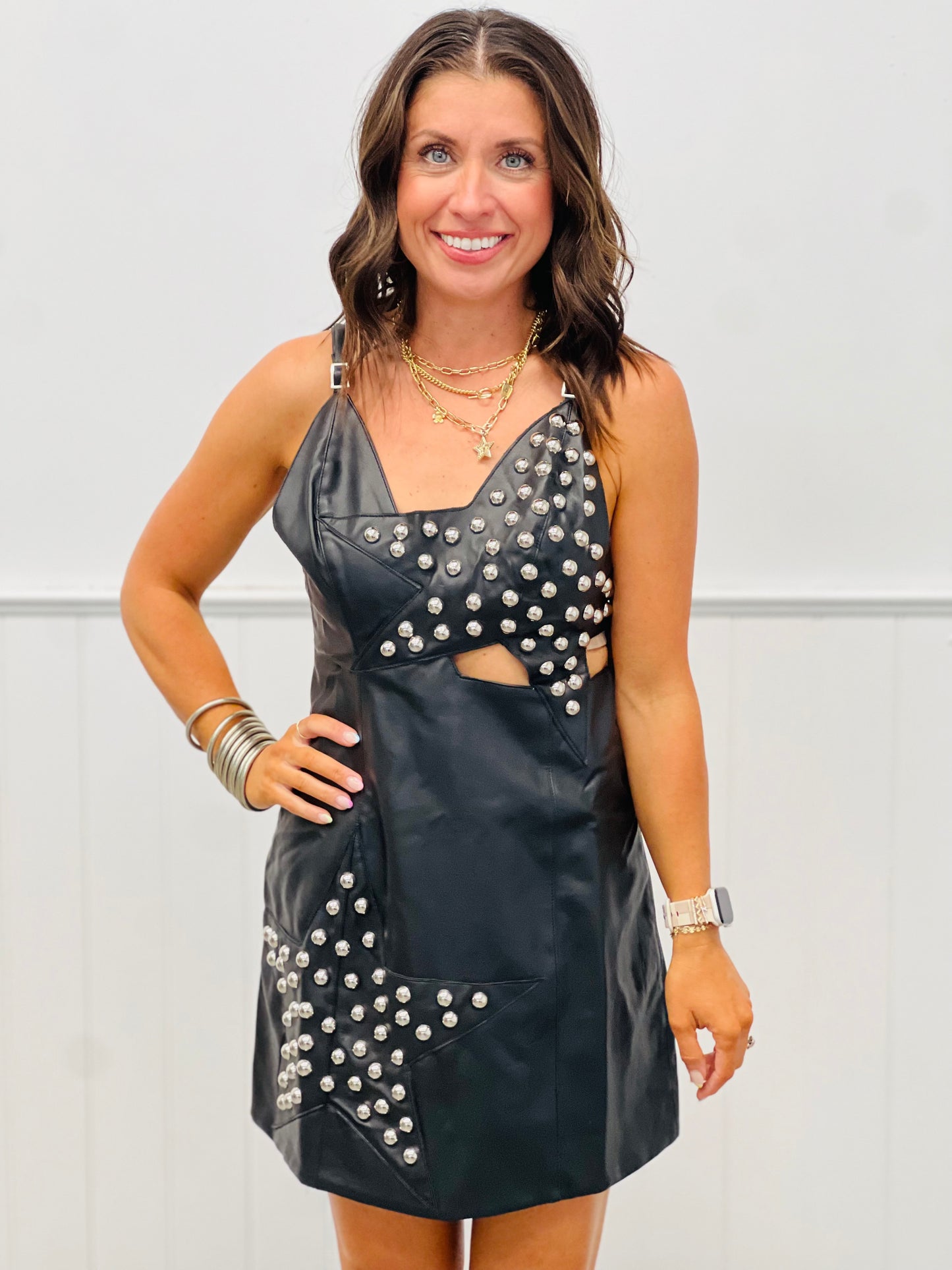 Black Faux Leather Star Studded Mini Dress (Reg.)