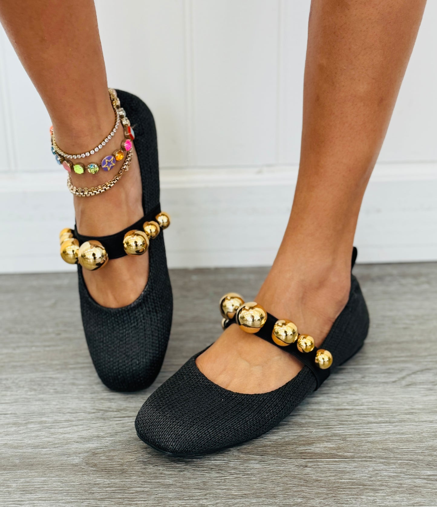 Black Raffia Golden Pop Flats