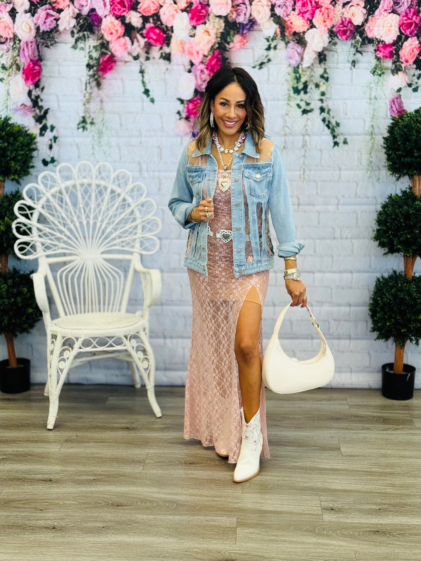 Denim Floral Embroidery Mesh Jacket (Reg & Plus)