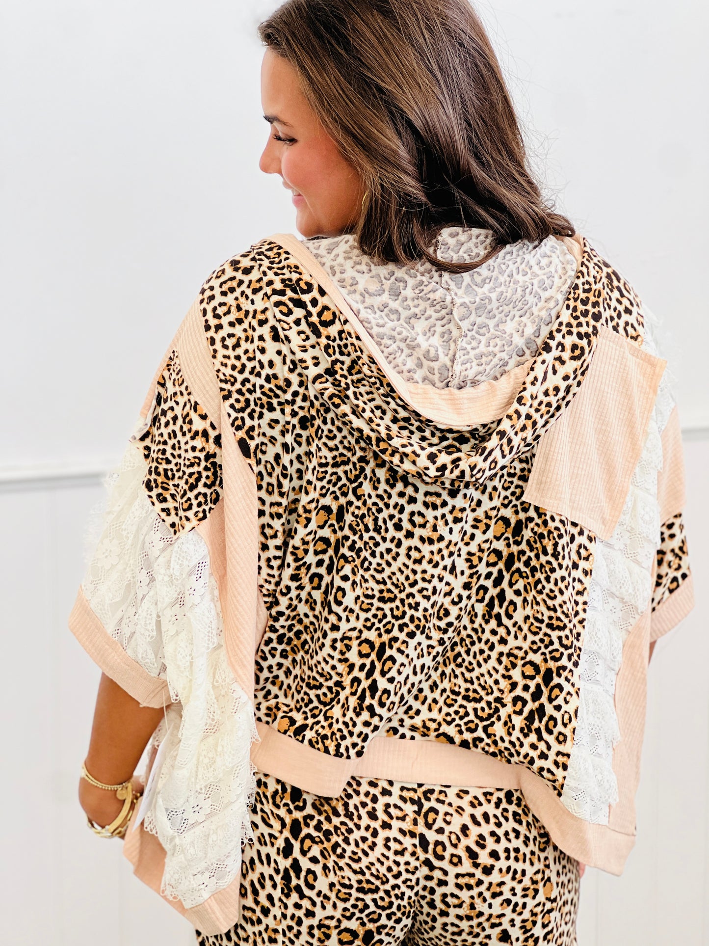 POL Nude Beige Cheetah Layered Crochet Lace Hoodie Top (Reg.)