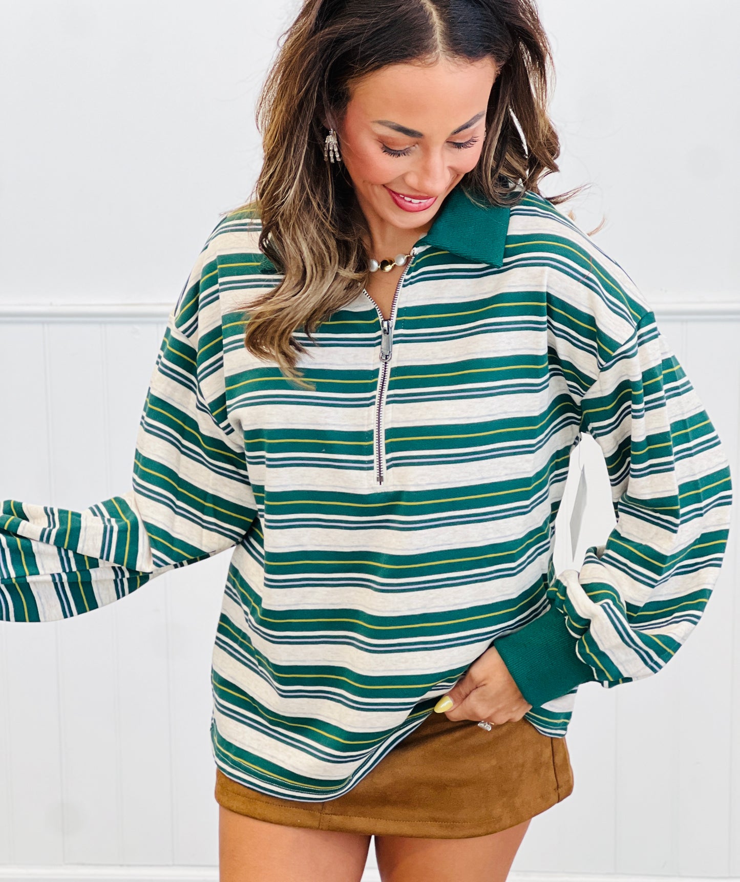 Half Zip Striped Polo Top (Reg.)-2 Colors