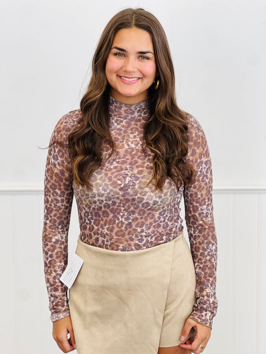Leopard Print Mock Neck Mesh LS Top (Reg.)