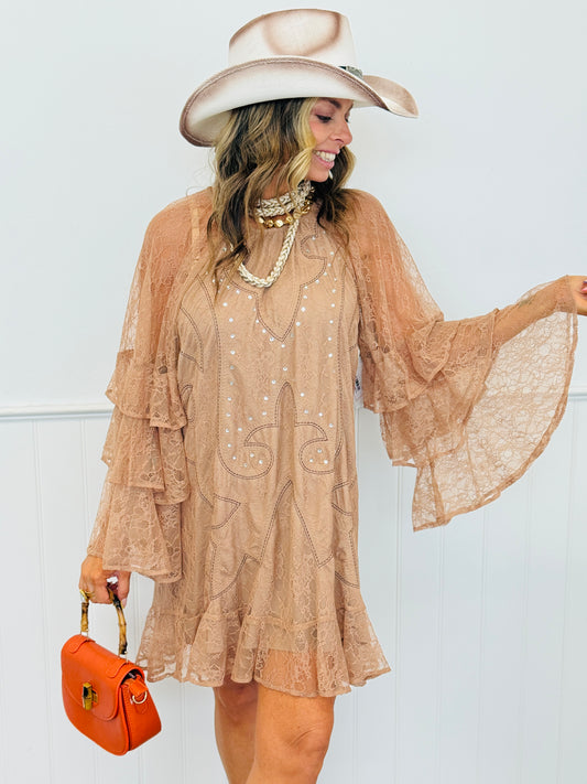 Camel Ruffled Embrace Layered Mini Dress (Reg.)