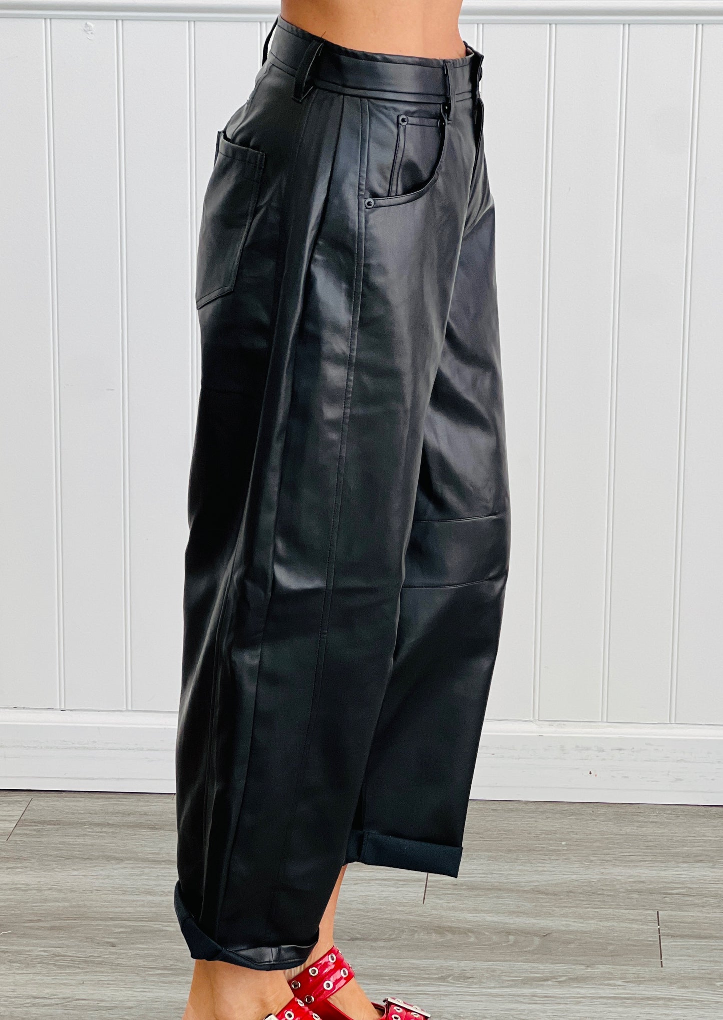 Black Pleather Barrel Pants (Reg.)