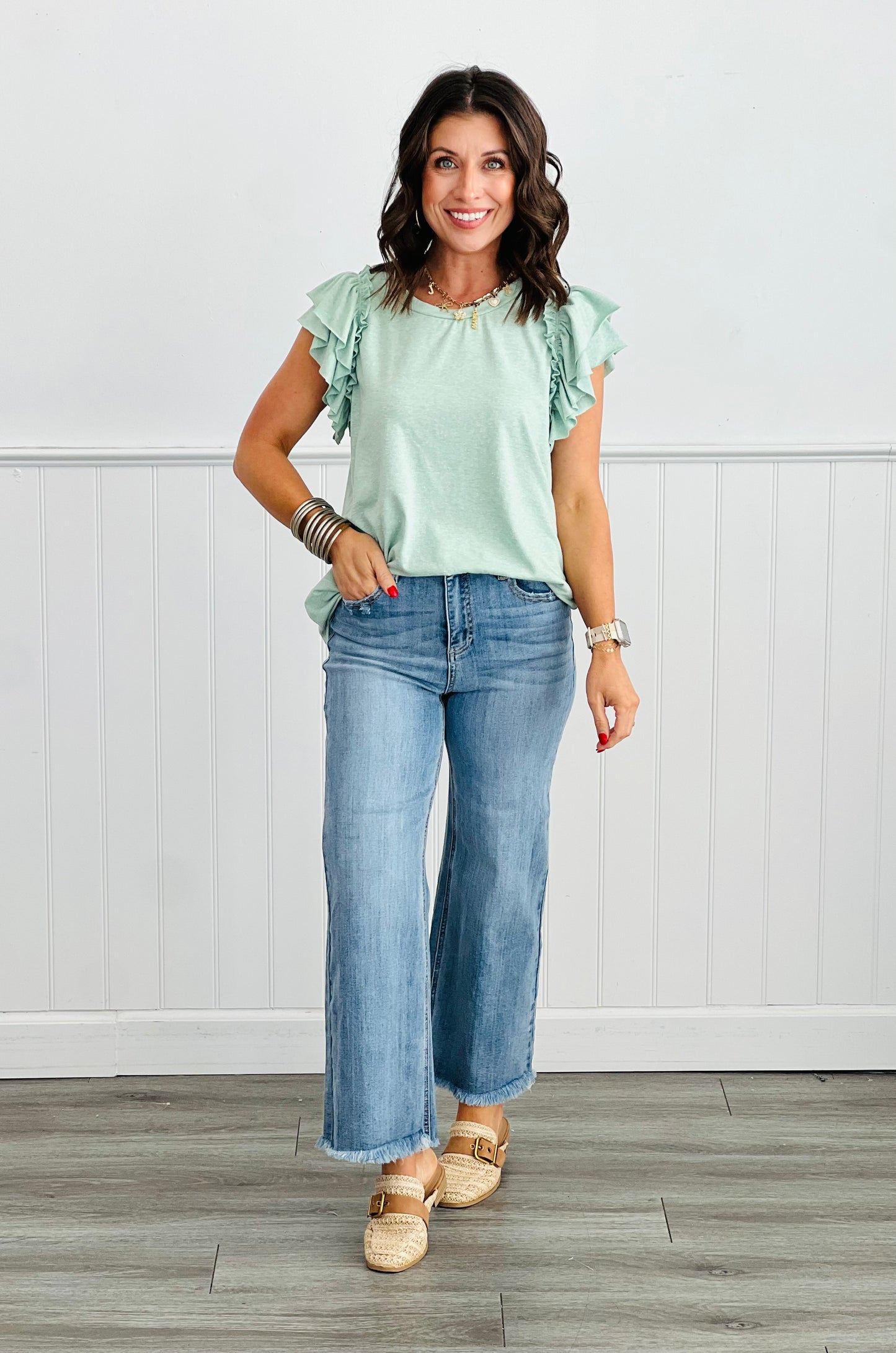 Relaxed Fit Round Neck Ruffle Sleeve Top (Reg. & Plus)- 4 Colors