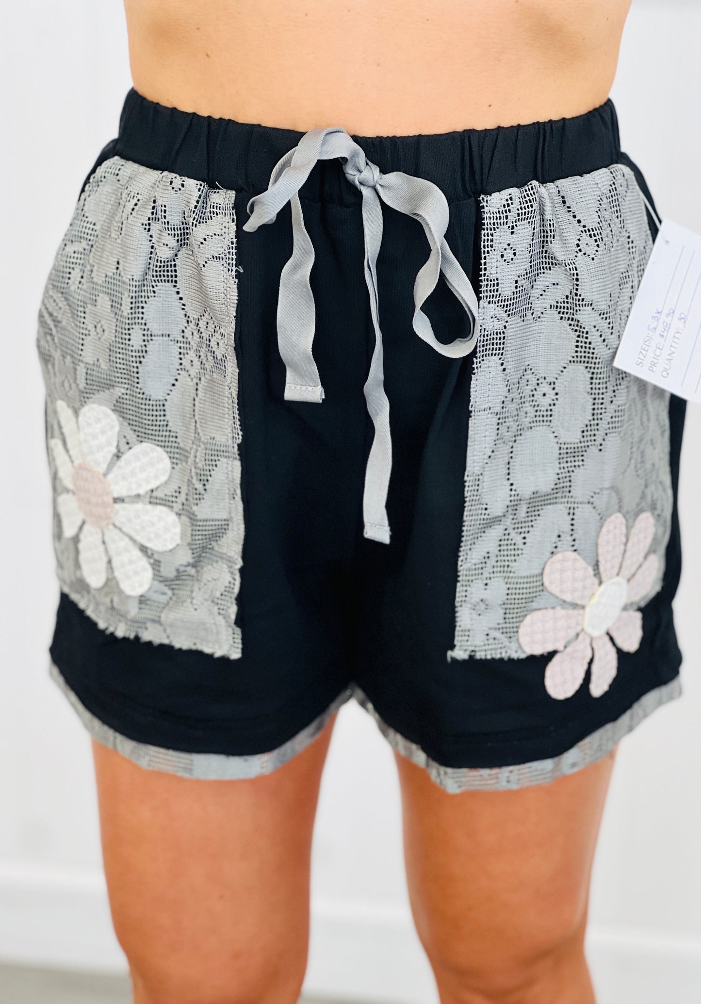 Black Multi Floral Patch & Lace Shorts (Reg & Plus)