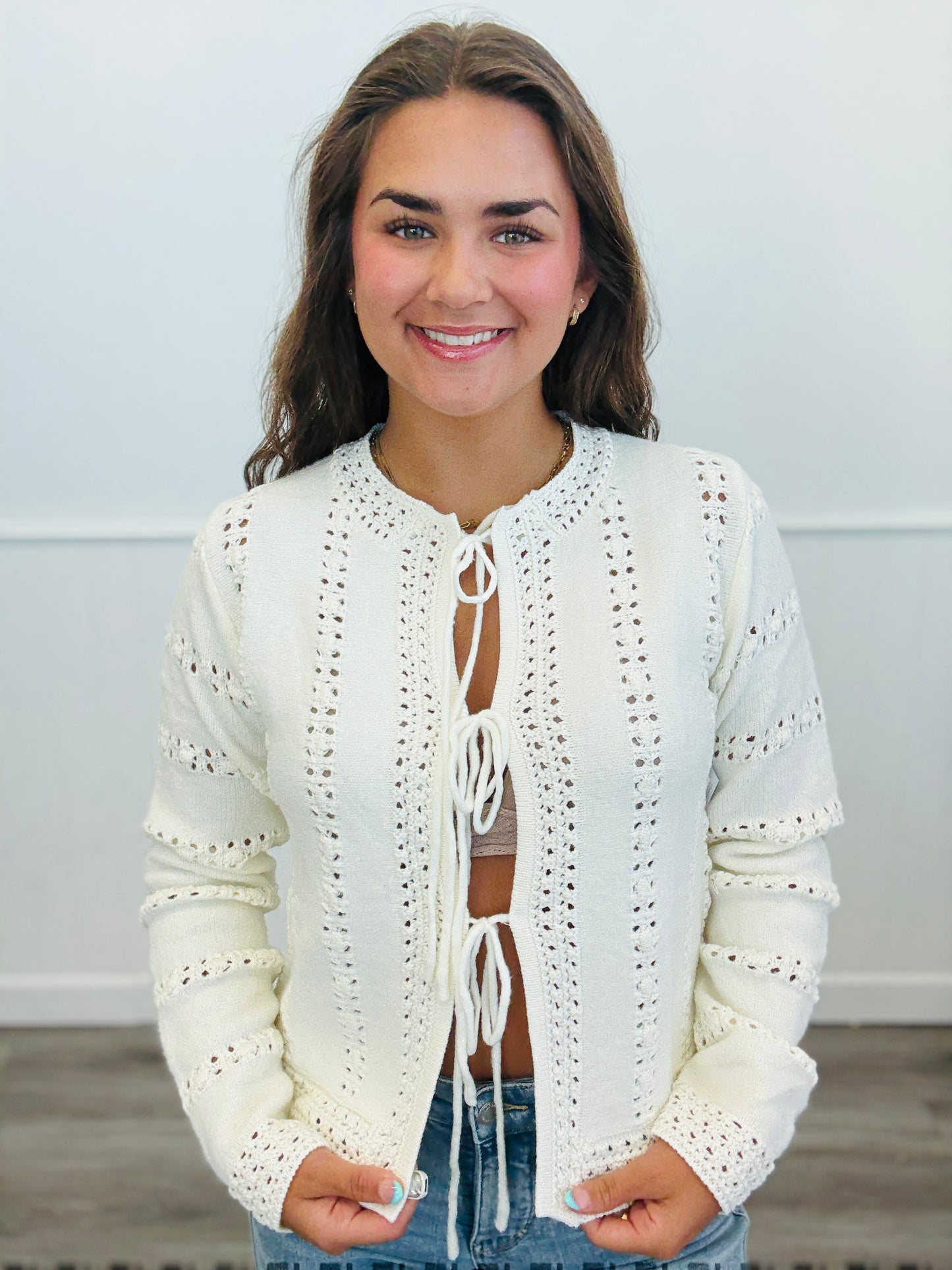 Ivory Triple Bow Tie Sweater Cardigan (Reg.)