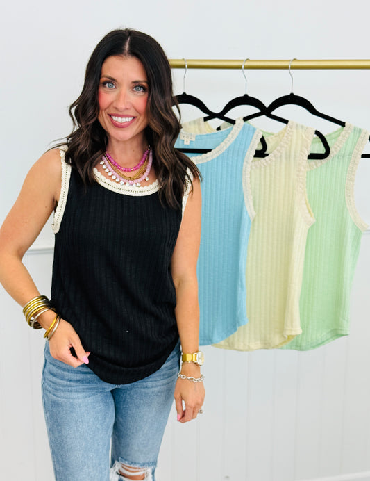 POL Lace Trim Ribbed Knit Tank Top (Reg.)-4 Colors
