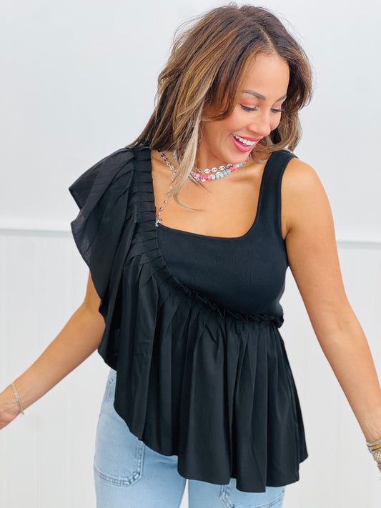 Black Asymmetric Ruffle Top (Reg.)