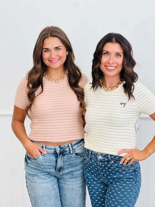 Pointelle Knit Embroidered Bow Top (Reg.)-2 Colors