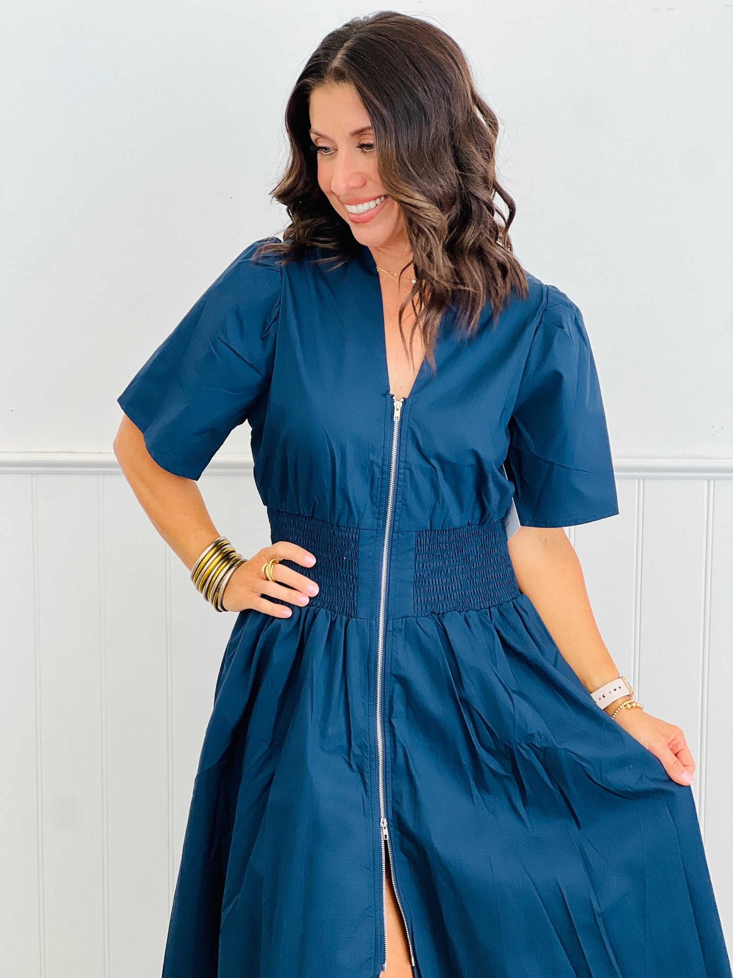 Navy Front Zip Midi Dress (Reg & Plus)