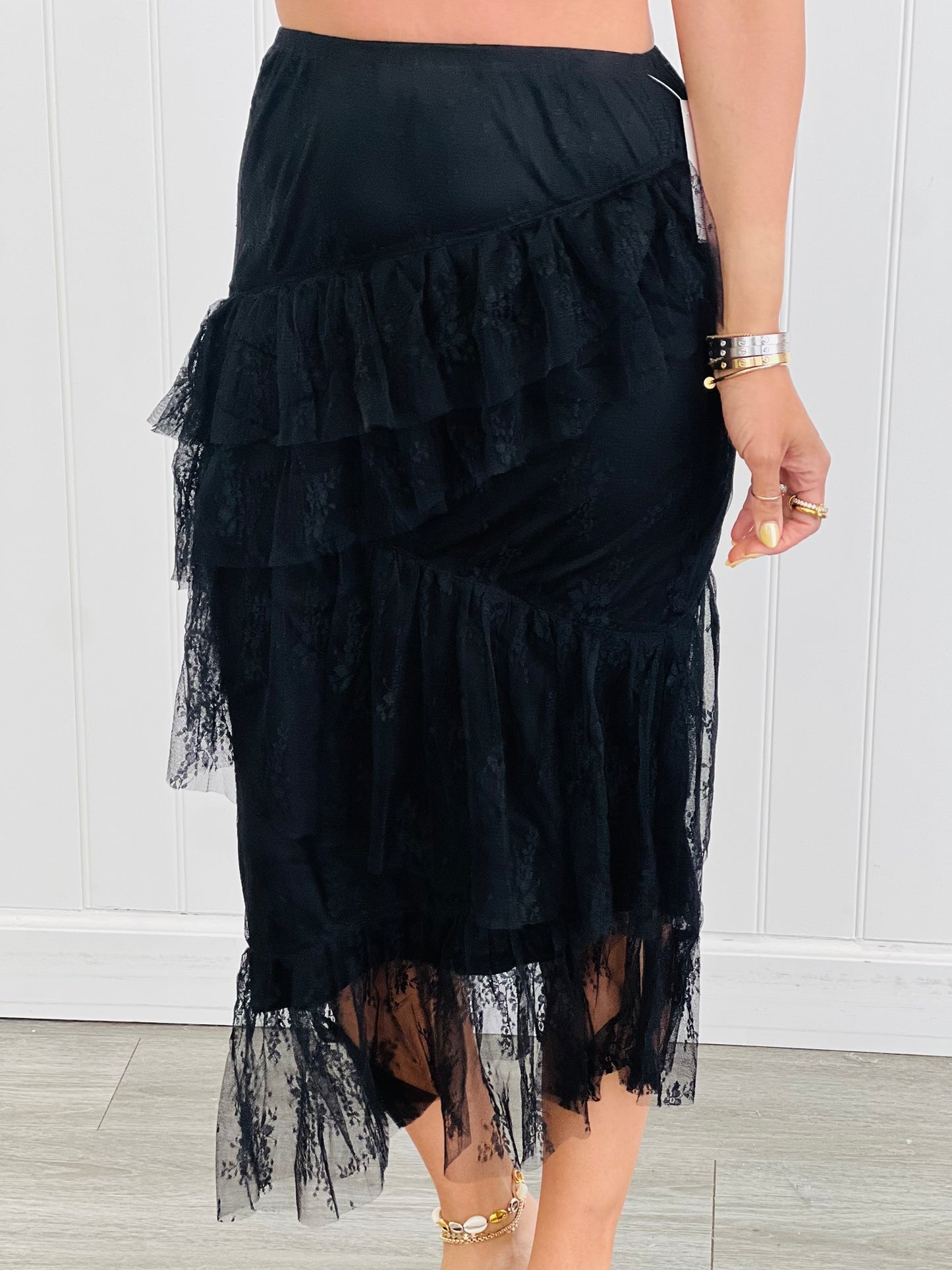 Black Asymmetric Ruffles Midi Skirt (Reg.)