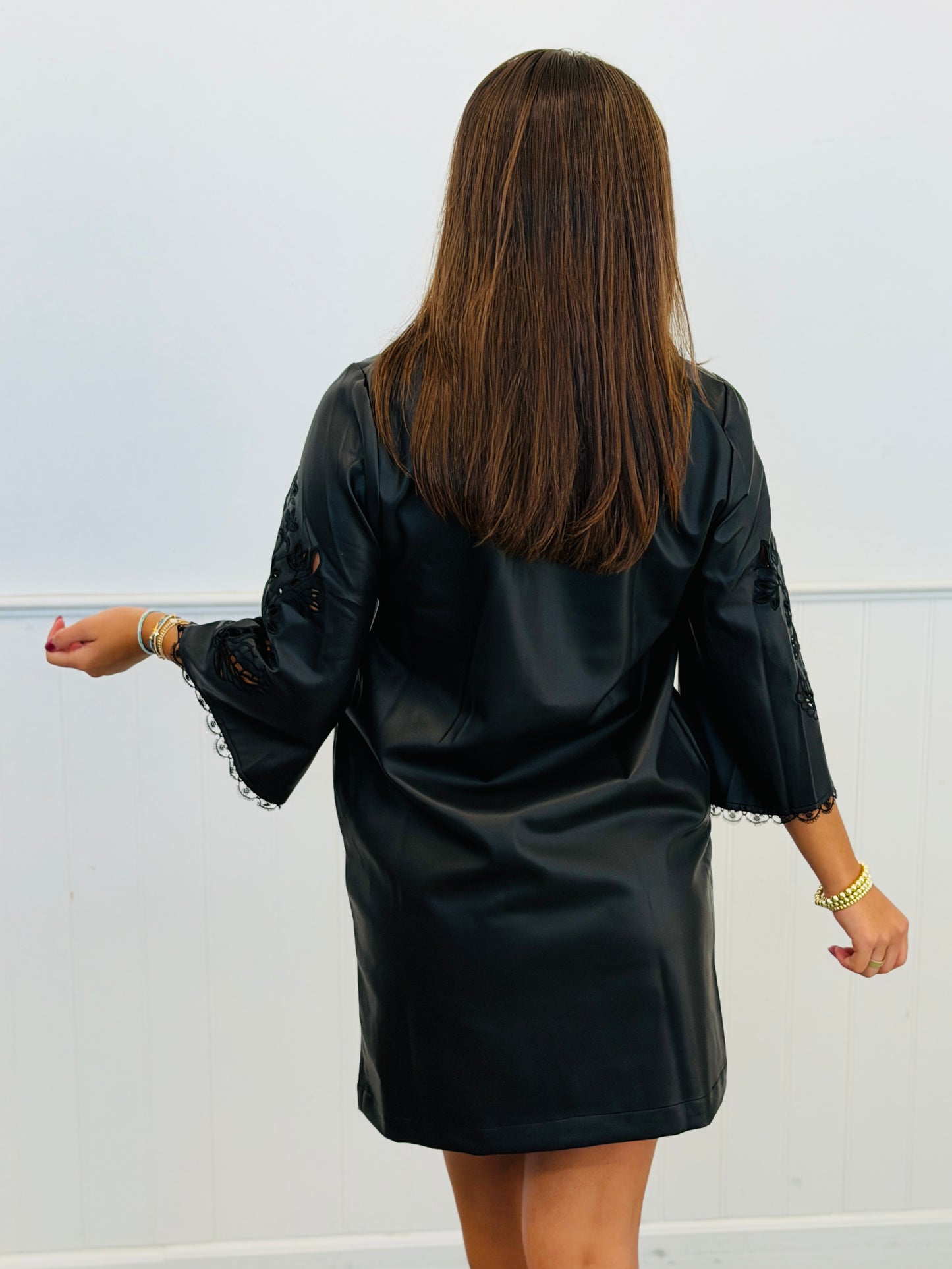 Black Leatherette Lace Sleeve Mini Dress (Reg & Plus)