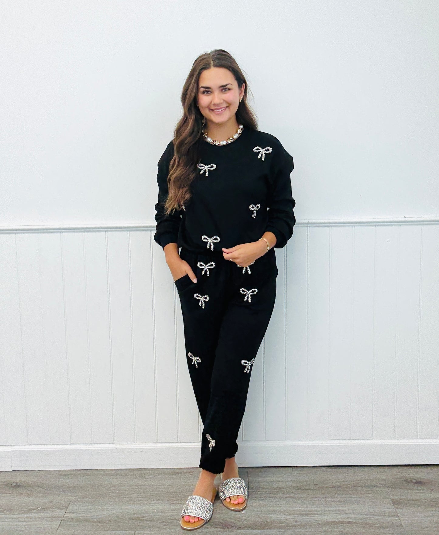 Black Rhinestone Bows Sweatshirt/Jogger Set (Reg and Plus )