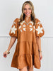 Camel Floral Applique Mini Dress (Reg & Plus)