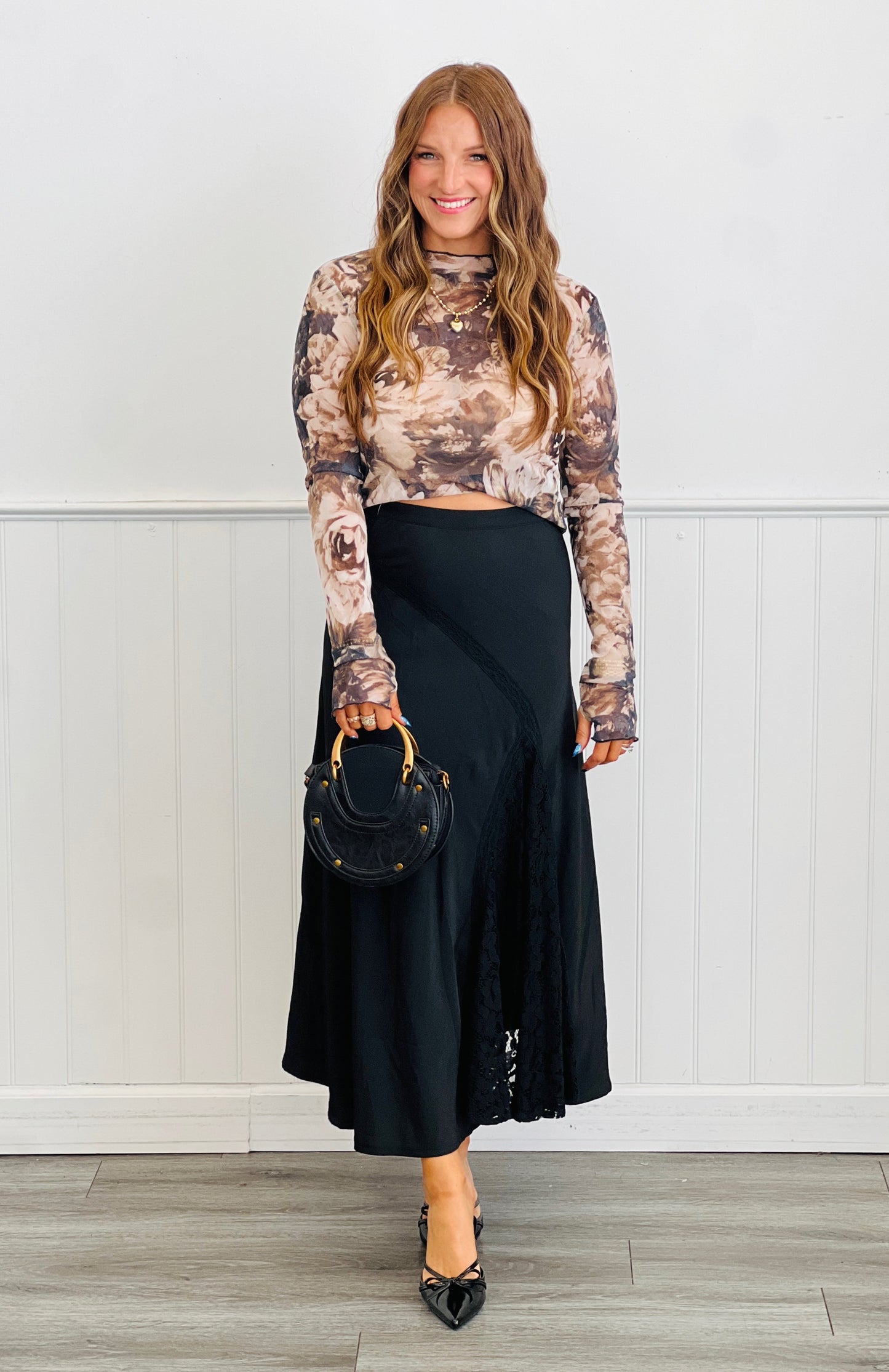 Satin & Lace Midi Skirt (Reg.)-2 Colors