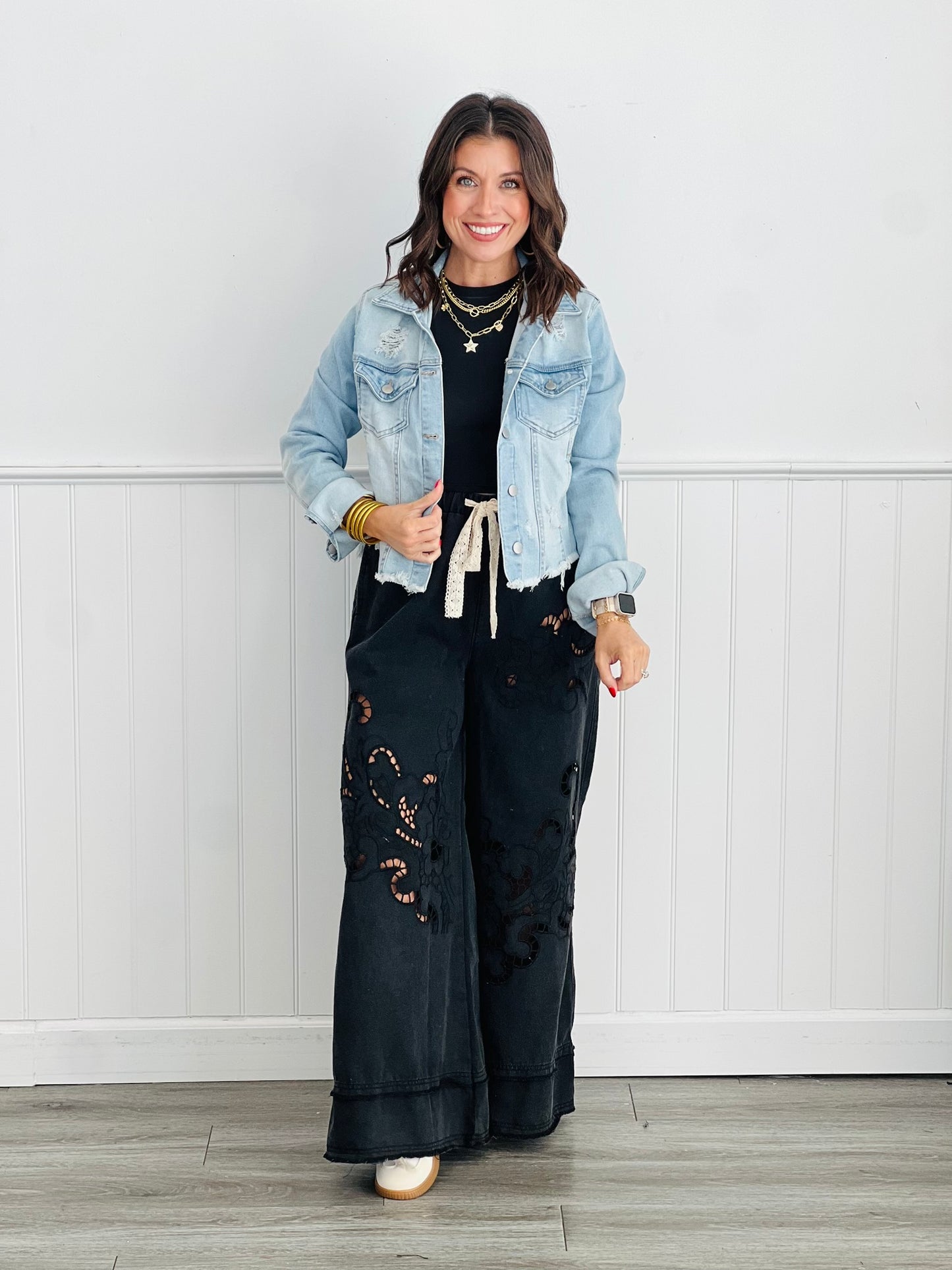 POL Black Twill Laser Cut Wide Leg Pants (Reg)