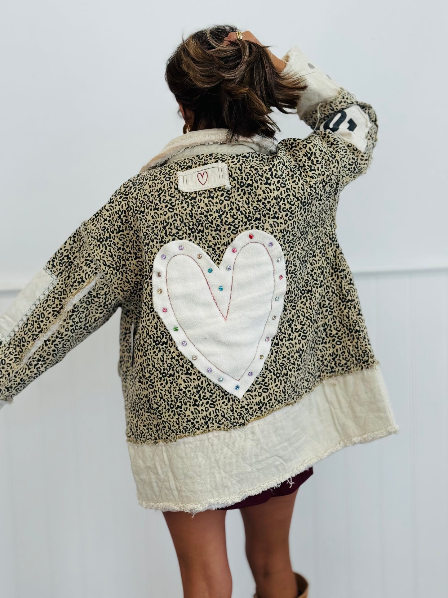 POL Tan Leopard Color Block Embroidered Heart Patch Jacket (Reg.)