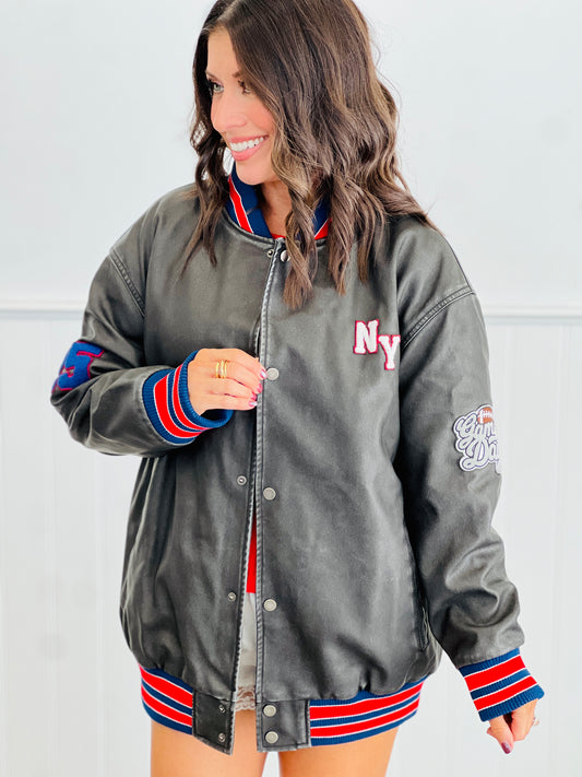 Washed Black Faux Leather Varsity Jacket (Reg.)