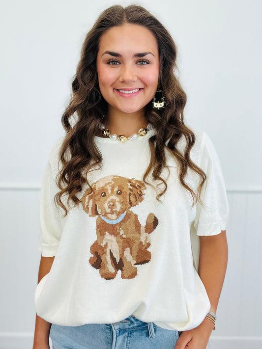 White Puppy Dog Short Sleeve Sweater Top (Reg & Plus)