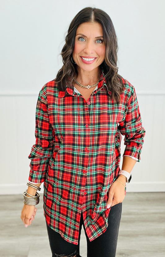 Christmas Plaid Nina Button Up Tunic (Reg. and Plus)