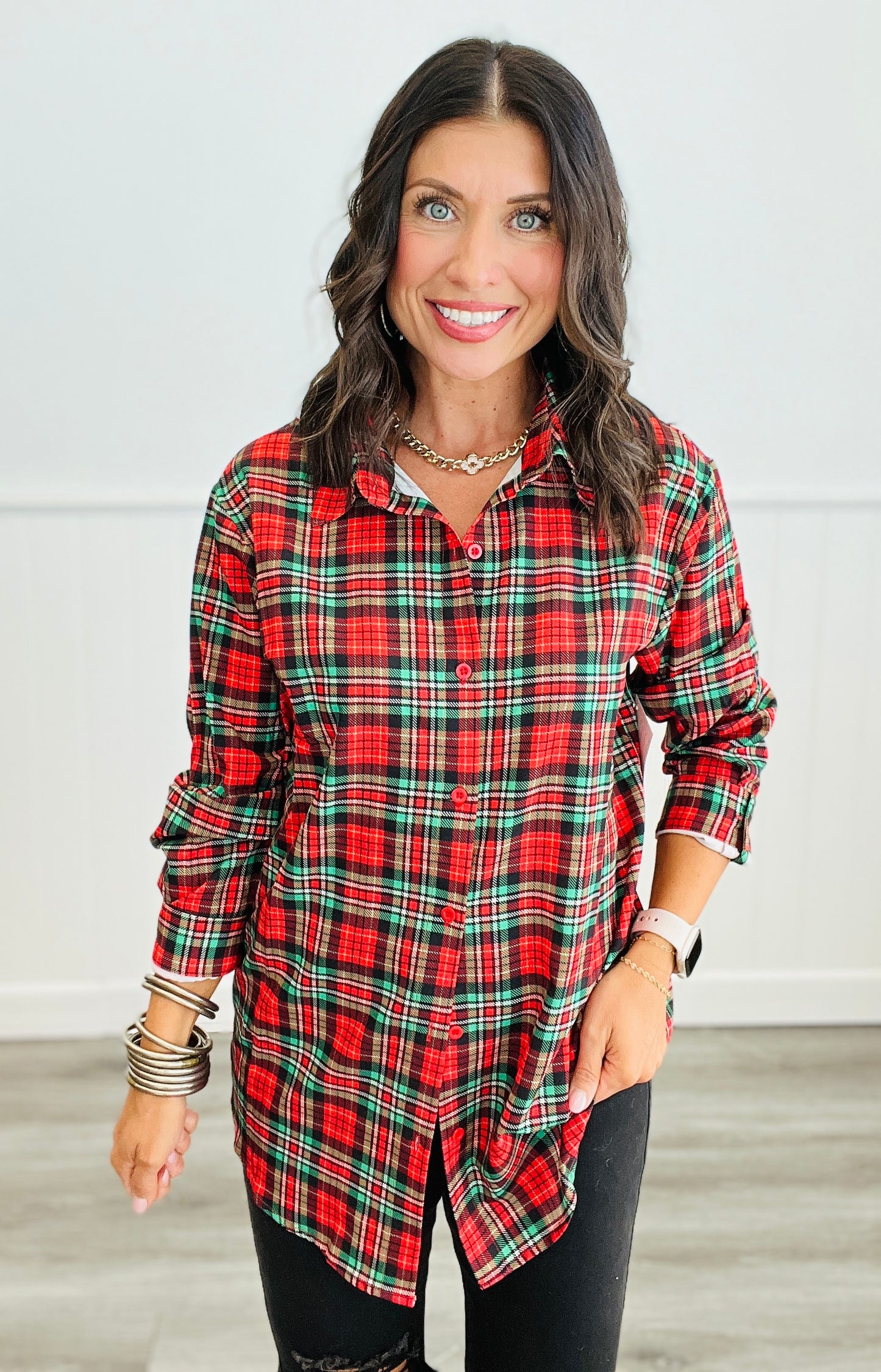 Christmas Plaid Nina Button Up Tunic (Reg. and Plus)