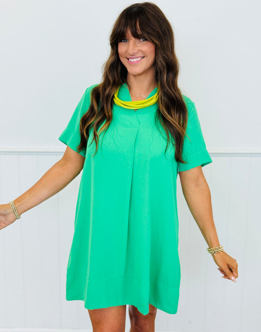 Green Pullover Back Pleat Mini Dress (Reg.)