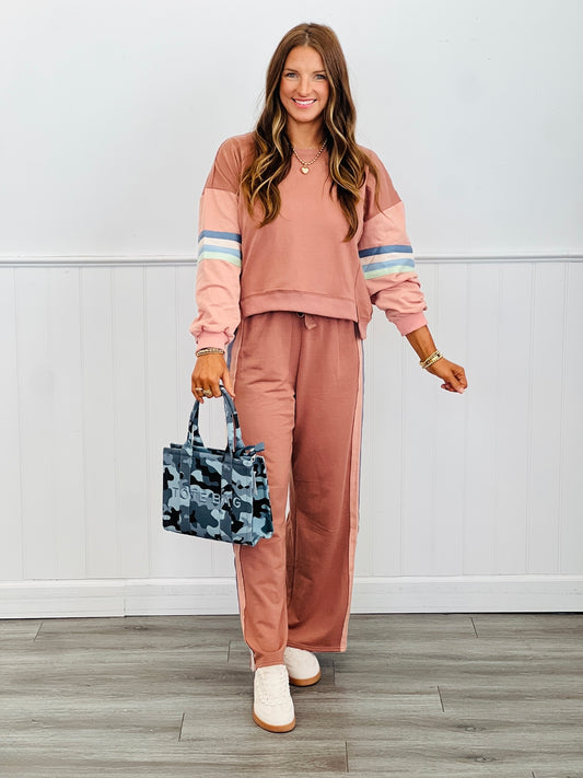Dark Mauve Contrast Stripe Sweatshirt & Pants Set (Reg)