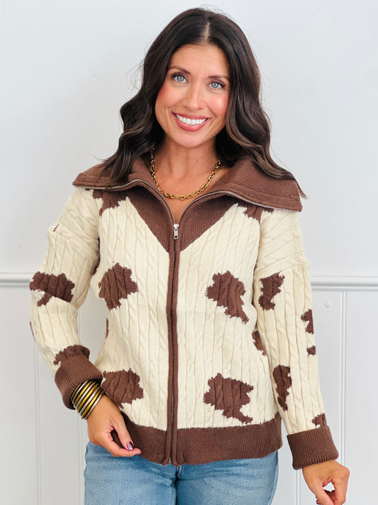 Brown Cow Print Zip Up Sweater Jacket (Reg. and Plus)