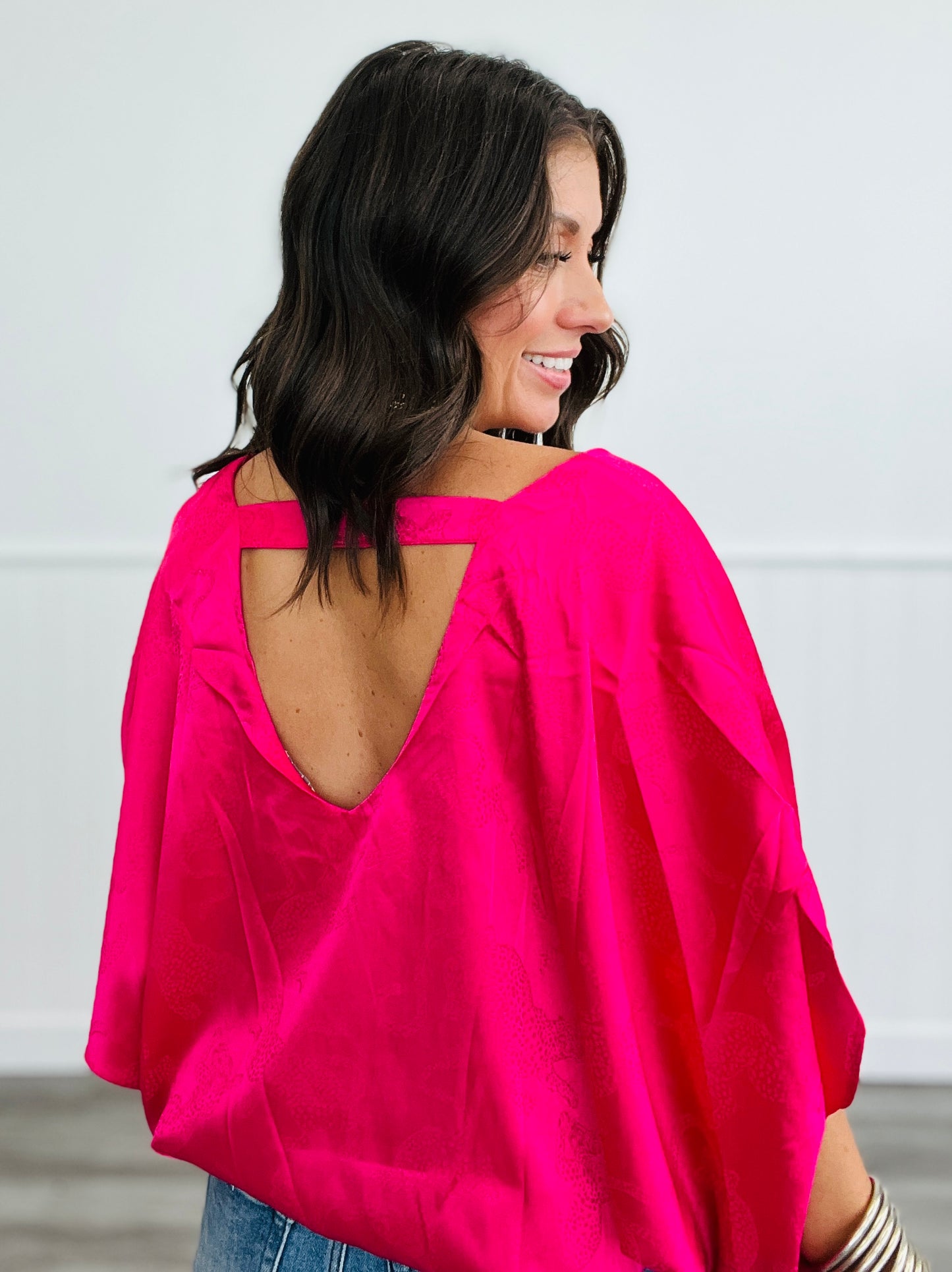 Satin Jacquard Print Bubble Hem Top (Reg. & Plus)- 3 Colors