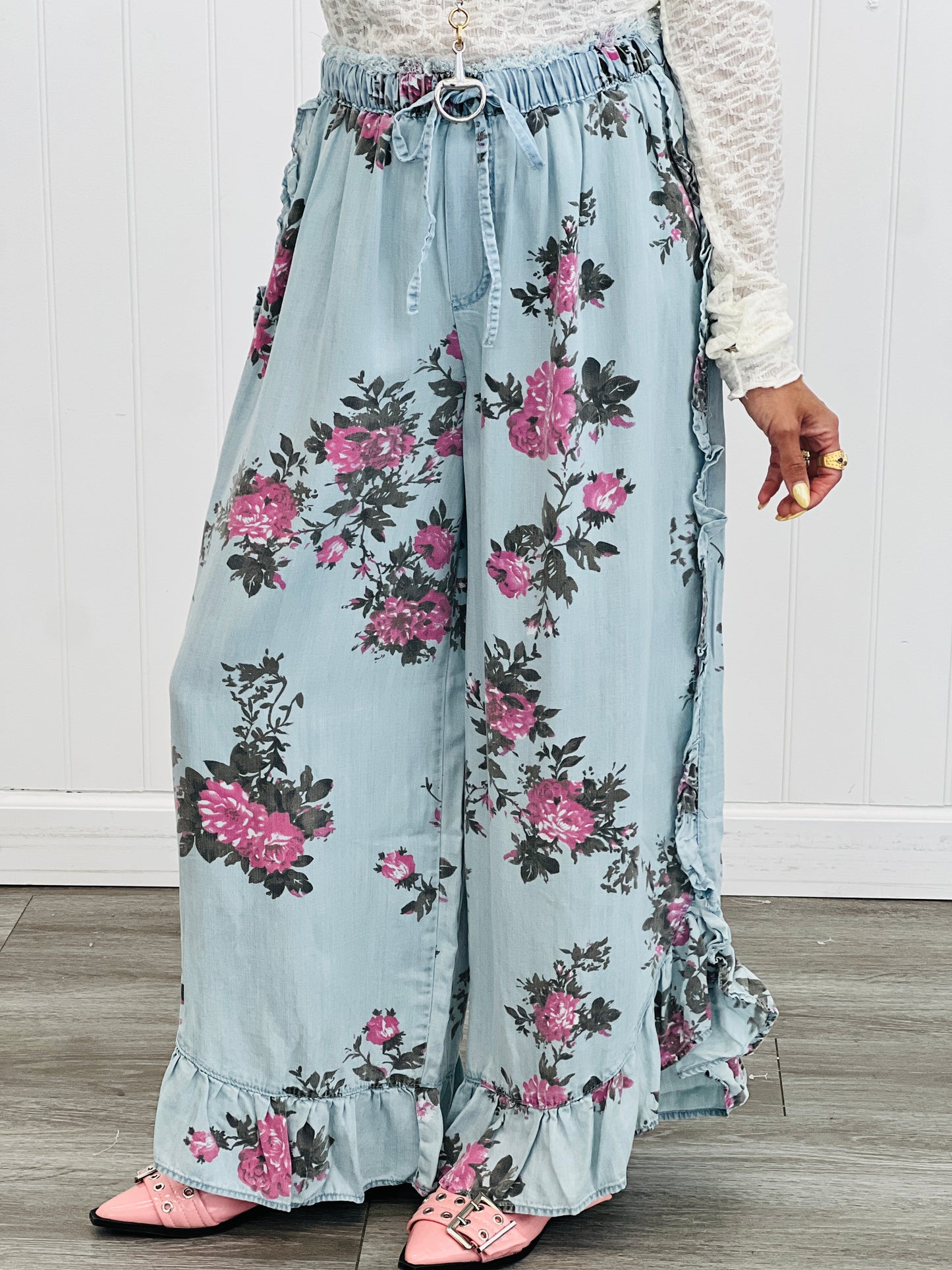 Chambray Flower Child Ruffled Pants (Reg & Plus)-2 Colors